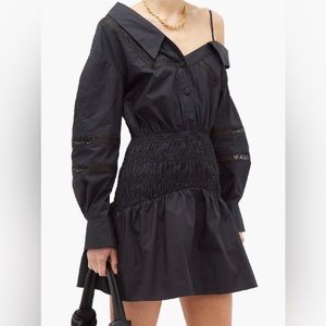 Self-Portrait One-shoulder Crochet-trimmed Shirred Cotton-poplin Mini Dress